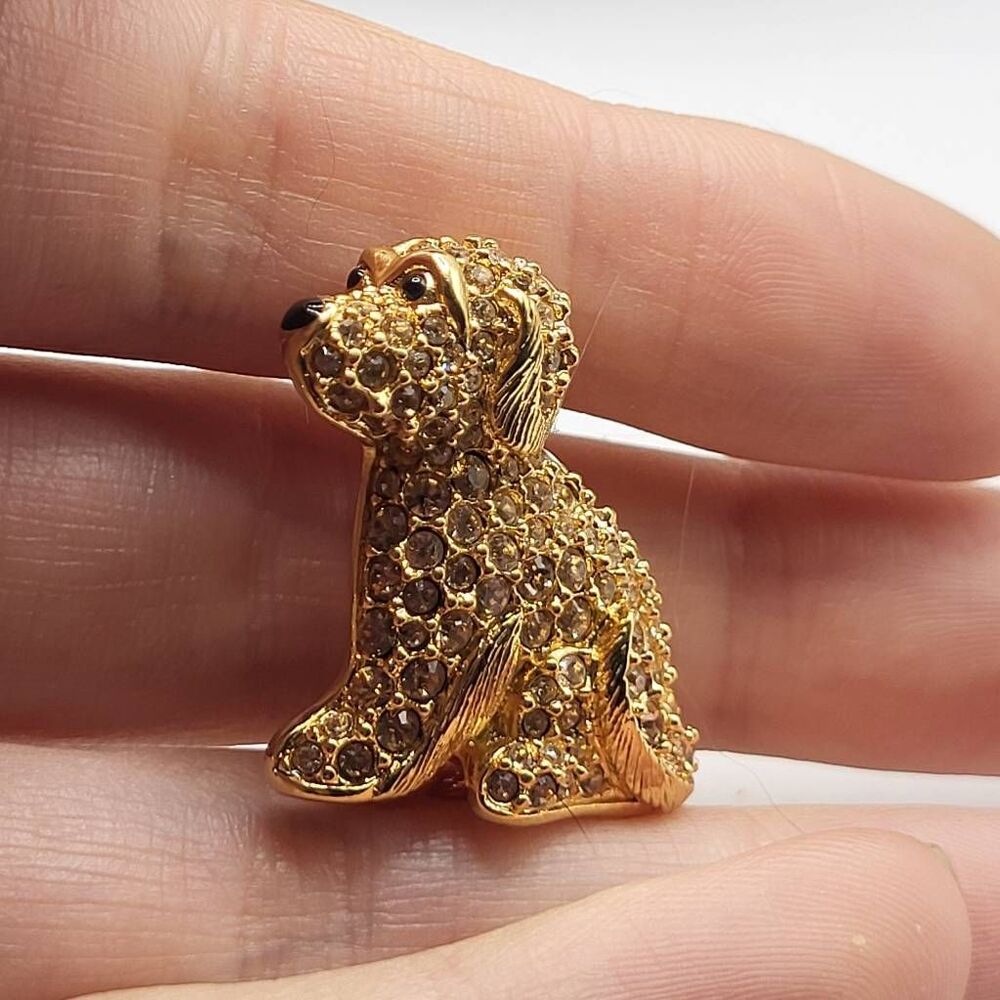 Swarowski Gold Dog Pin Signed with a Swan